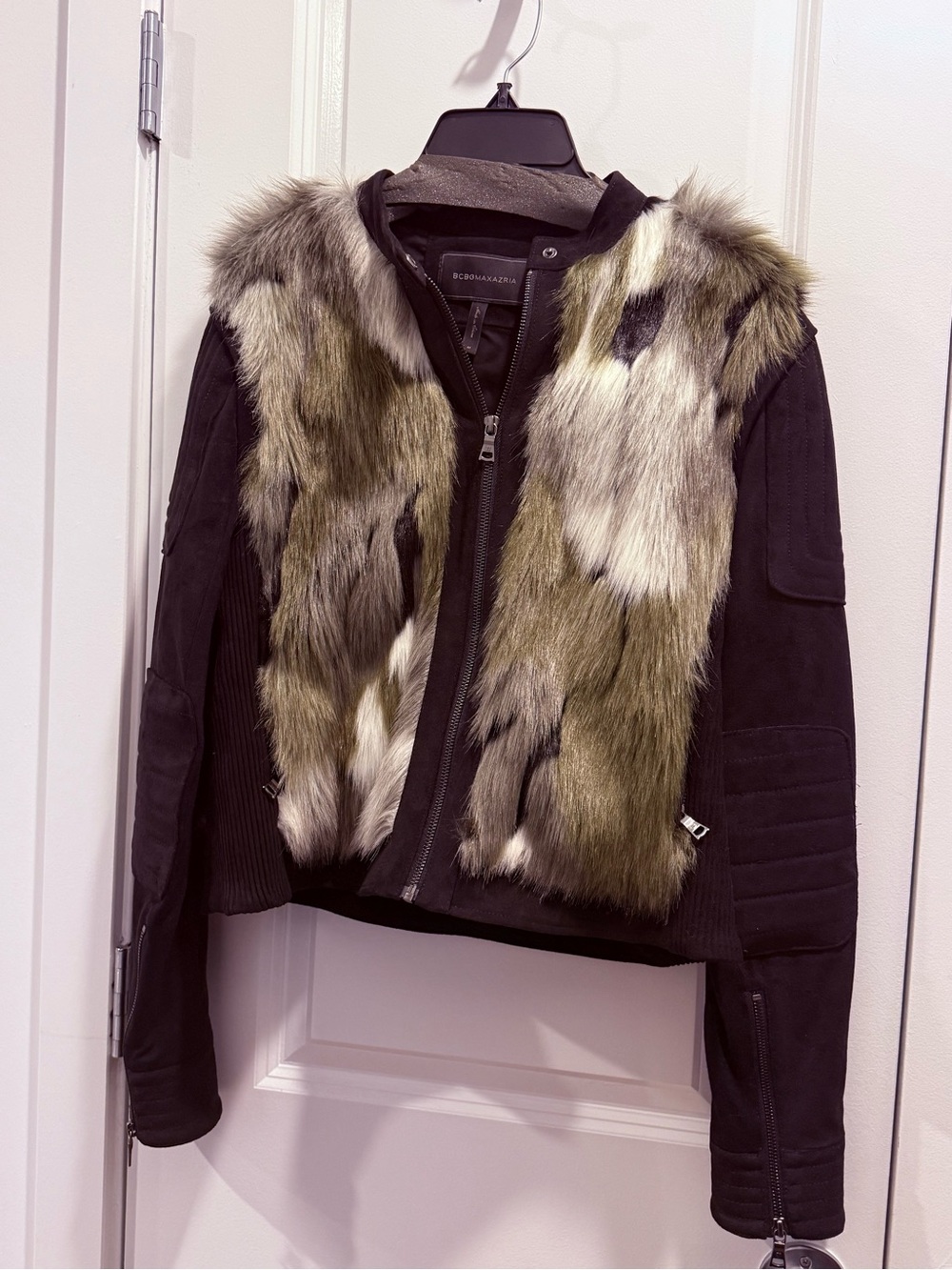 BCBGMaxAzria Black Jacket with Olive and Cream Faux Fur Panels